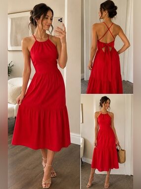 Evereve Red Midi Dress Open Back Tie Halter Size S NWT